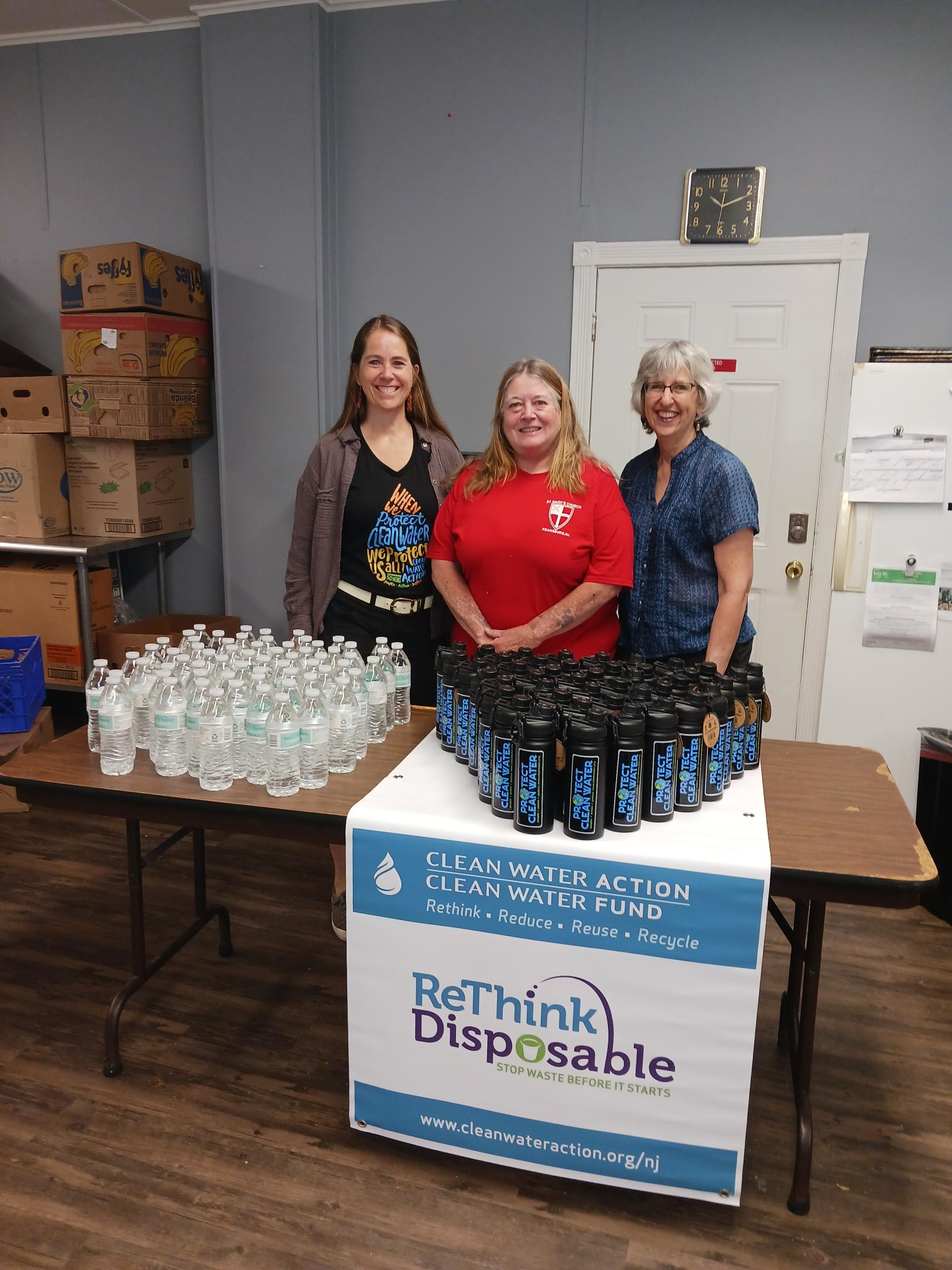 ReThink Disposable in NJ at food bank with sturdy reusable bottles next to the plastic being replaced
