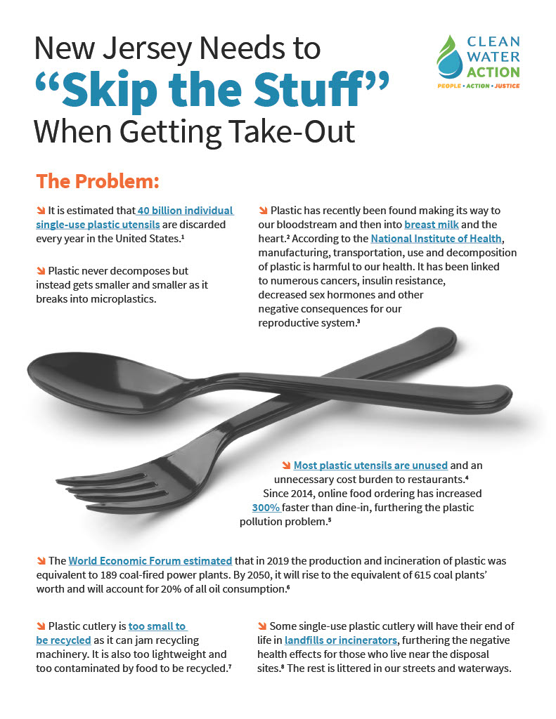 Graphic of NJ's Skip the Stuff Fact Sheet with plastic fork and spoon