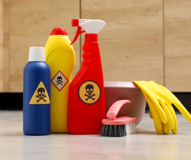 Cleaning chemicals with hazardous warnings
