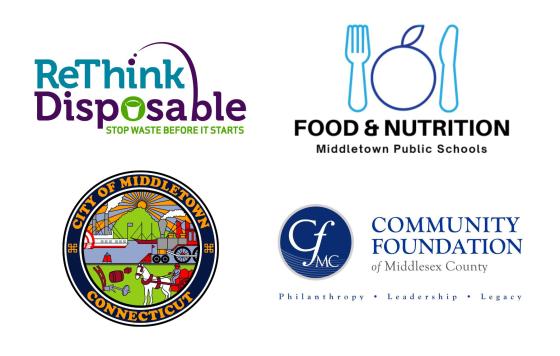 Image is of four logos: ReThink Disposable, Middletown Public Schools, Randall’s Logo, City of Middletown Logo, and Sustainable Connecticut