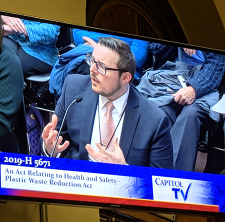 Rhode Island Clean Water Action Director Johnathan Berard testifying at the State Capitol regarding H 5701, which would ban single-use plastic checkout bags in Rhode Island.