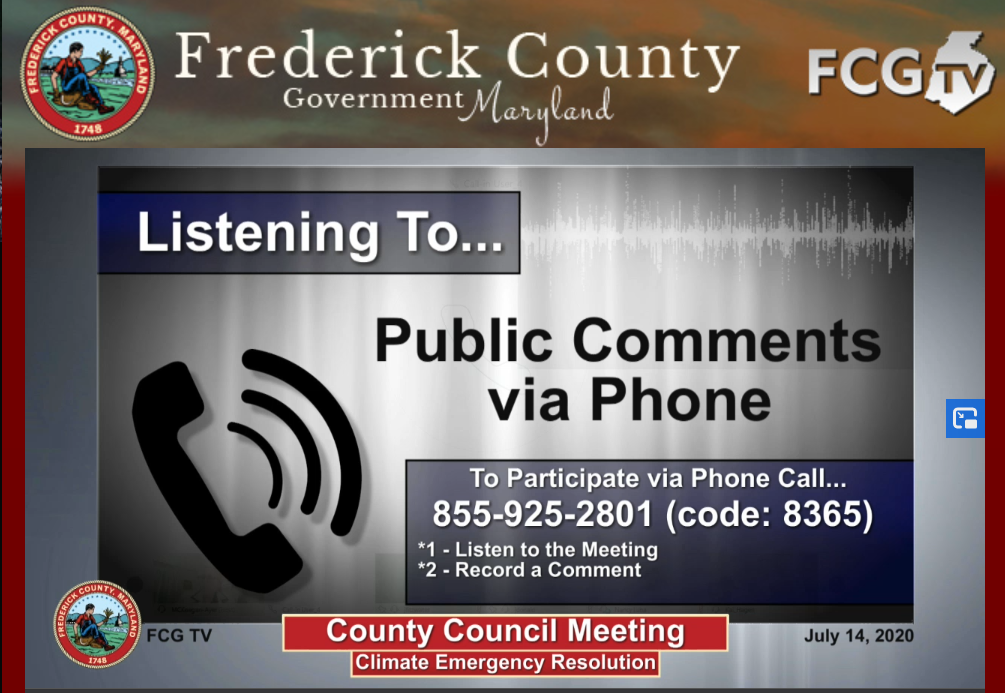 Screenshot of the livestream of the hearing on the Frederick County Climate Emergency Resolution
