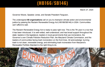 On a black background, text at the top reads: “60 organizations call for passage of the Reclaim Renewable Energy Act in 2024 (HB166/SB146). On an orange background in the middle is a screenshot of the beginning of a letter dated March 27, reaching: “Governor Moore, Speaker Jones, and Senate President Ferguson, The undersigned 60 organizations call on you to champion climate action and environmental justice by passing the Reclaim Renewable Energy Act (HB166/SB146) in 2024. Communities can’t afford to wait.  
