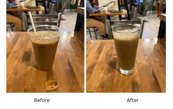 Image of a before and after image of single use throwaway service ware and resuables at Alif's after switching to ReThink Disposable