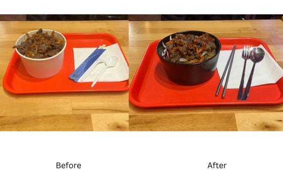 Image of a before and after image of single use throwaway service ware and resuables at Koreana's after switching to ReThink Disposable