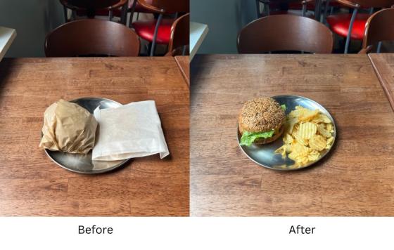 Image of a before and after image of single use throwaway service ware and resuables at a vegan deli after switching to ReThink Disposable